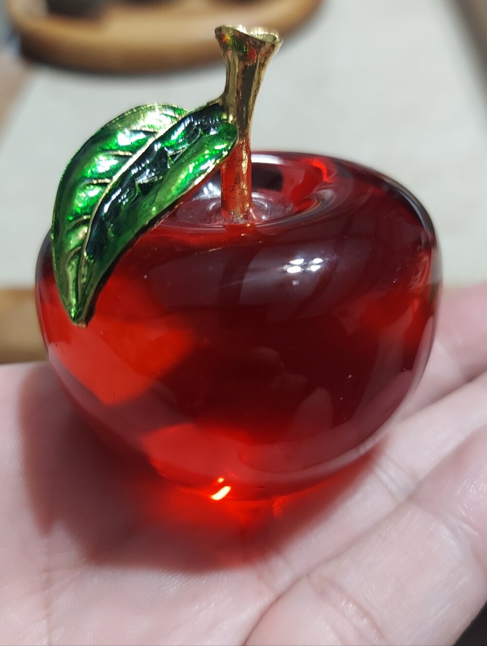 Red Glass Apple Decorative Accent with Green Leaf - Unbranded